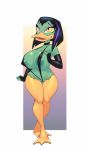  1girl 1girl anthro areola avian big_breasts bikini bird black_hair breasts clothed clothing duck ducktales feathers furry green_feathers hair highlights huge_breasts magica_de_spell nipples nitro open_mouth purple_highlights pussy pussy_floss sling_bikini swimsuit voluptuous wide_hips yellow_eyes 