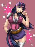  1girl big_breasts breasts cleavage friendship_is_magic horn humanized looking_at_viewer miniskirt my_little_pony purple_background purple_eyes purple_hair shiny stockings tail twilight_sparkle 