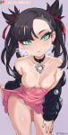  1_girl 1girl black_hair dress_lift erect_nipples exposed_breasts female female_human female_only green_eyes hair_ornament heavy_breathing human jtveemo lifted_by_self looking_at_viewer marnie_(pokemon) mary_(pokemon) medium_breasts no_panties pokemon pokemon_character presenting_pussy shaved_pussy solo thigh_gap twintails uncensored vaginal_juices 