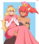  big_breasts bowser bowsette breasts carrying cleavage female numen princess_peach super_mario_bros. yuri 
