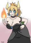  big_breasts bowser bowsette breasts cleavage female fire redprep smile solo super_mario_bros. 
