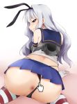  ass_focus closed_mouth exposed_anus female_only kaiga kantai_collection kneeling long_hair looking_at_viewer looking_back miniskirt panty_pull partially_visible_vulva purple_eyes shimakaze_(kantai_collection) shiny_skin skirt_lift striped_legwear 