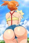 1_girl 1girl ass ass_focus blue_sky cameltoe clothed denim_shorts female female_human female_only green_eyes huge_ass human kasumi_(pokemon) krabby_(artist) looking_at_viewer looking_back misty misty_(pokemon) non-nude orange_hair outdoor outdoors outside pokemon pokemon_(anime) shiny_ass shiny_skin short_hair short_shorts shorts suspenders 