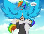  1girl 2020 anthro areola between_breasts big_breasts blush breast_smother breasts clothing dialogue digital_media_(artwork) duo english_text equid equine fan_character friendship_is_magic furry hasbro horn huge_breasts legwear mammal mastergodai my_little_pony nipples pegasus rainbow_dash_(mlp) smothering text unicorn wings 