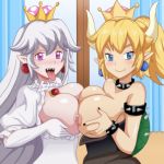  1girl 2_girls areola blonde_hair boosette bowsette breasts fan_character female_only large_breasts looking_at_viewer multiple_girls nipples open_mouth original original_character shablagooo super_mario_bros. tongue tongue_out 
