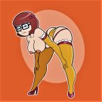  1_girl 1girl ass bent_over bespectacled breasts brown_hair erect_nipples female female_human female_only glasses gloves high_heels human long_gloves mostly_nude no_bra rectangular_eyewear scooby-doo short_brown_hair short_hair solo standing stockings thighs thong velma_dinkley 