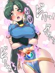  1girl big_breasts blush boris_(noborhys) earrings excited fire_emblem fire_emblem_7 green_eyes green_hair heart japanese japanese_text jewelry lyndis_(fire_emblem) mouth_open nipples nipples_through_clothes 