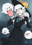  1girl bangs black_gloves black_lipstick blue_eyes boo fangs ghost goth nintendo non-nude painted_nails peachyboo ponytail skull super_mario_bros. tongue tongue_out white_hair zet13 