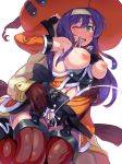  1girl arm_behind_back blush boris_(noborhys) breasts breasts_outside cum cumshot fire_emblem fire_emblem_heroes green_eyes mia_(fire_emblem) mouth_open nipples sitting_on_lap violet_hair wink witch 