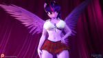  1girl big_breasts breasts dark_room hand_on_hip hand_on_thigh looking_to_the_side no_bra partially_clothed pose purple_skin room skirt solo_female solo_focus thighs twilight_sparkle_(mlp) wings 