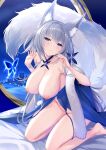  1girl animal_ear_fluff animal_ears azur_lane bare_shoulders big_breasts blue_butterfly blue_collar blue_dress blue_eyes bottomless breasts bug butterfly cleavage collar dress evening_gown feather_boa halter_dress halterneck indoors insect kitsune kitsunemimi kyuubi large_tail long_hair multiple_tails nipples nopan official_alternate_costume shinano_(azur_lane) shinano_(light_of_the_hazy_moon)_(azur_lane) sigma_rio silver_hair sleeveless sleeveless_dress tail very_long_hair white_tail 