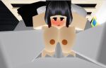  bed blush body_pillow brown_nipples eyes_half_open mouth_open paizuri penis roblox 