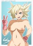  blonde breasts earrings gloves high_resolution jewelry looking_at_viewer medium_breasts my_hero_academia nakagame_tatami navel nipples open_mouth sharp_teeth short_hair simple_background the_lusty_omniblade 