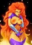  1_female 1_girl 1female 1girl breasts dc dc_comics female female_focus female_only female_solo green_eyes hand_on_pussy koriand&#039;r long_hair orange_skin partially_nude red_hair redhead solo_female solo_focus starfire teen_titans thicc thigh_highs tovio_rogers 