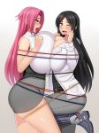  2girls big_breasts black_hair blue_eyes breasts clothed coat deviantart hair_ornament huge_breasts long_hair one_eye_closed one_leg_up open_mouth pants pink_hair skirt tied_together tied_up yellow_eyes 