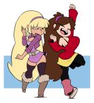 2_girls bigdad blonde_hair boots breasts brown_hair cleavage closed_eyes earrings fist_bump gravity_falls happy large_breasts leg_warmers leggings looking_at_another mabel_pines multiple_girls open_mouth pacifica_northwest ponytail running stockings sweater very_long_hair