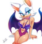  1girl animal_ears bat bat_wings big_breasts breasts choker cleavage female_only furry mrscurlystyles one-piece_swimsuit rouge_the_bat sega solo_female sonic sonic_the_hedgehog_(series) swimsuit 