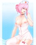  1girl breasts exposed_breasts eyebrows_visible_through_hair female female_only friendship_is_magic garter_straps gloves humanized looking_at_viewer mostly_clothed my_little_pony no_bra nurse nurse_cap nurse_redheart nurse_redheart_(mlp) nurse_uniform pink_hair solo stockings 