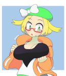  1girl bangs bel_(pokemon) bianca_(pokemon) big_breasts blonde_hair breast_hold breasts glasses green_eyes hat jacket looking_at_breasts open_mouth pokemon pokemon_bw pokemon_bw2 shirt short_hair surprised sweatdrop 