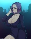 1girl big_breasts black_dress blue_eyes blue_hair blush breasts choker cleavage dc_comics forehead_jewel foxicube grey_skin hand_on_head large_breasts nightclub raven_(dc) short_hair smile solo teen_titans thighs