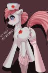  1girl anus ass blue_eyes blush cutie_mark earth_pony female female_only friendship_is_magic kuroran mostly_nude my_little_pony no_panties nurse nurse_cap nurse_redheart nurse_redheart_(mlp) pony pussy standing stockings stockings_pulled_down tail 