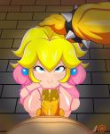  1boy 1girl blonde blonde_hair blue_eyes bowser breasts dress earrings fellatio female female_human human interspecies long_blonde_hair long_hair looking_at_viewer male male/female oral oral_sex partially_clothed penis_in_mouth pink_dress princess_peach royalty super_mario_bros. torn_dress 