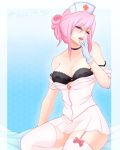  1girl bra eyebrows_visible_through_hair female female_only friendship_is_magic garter_straps gloves humanized looking_at_viewer mostly_clothed my_little_pony nurse nurse_cap nurse_redheart nurse_redheart_(mlp) nurse_uniform pink_hair solo stockings strap_slip 