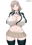 1girl big_breasts breasts chiaki_nanami cleavage hair_ornament huge_breasts kainkout medium_hair microskirt midriff nanami_chiaki navel open_mouth pink_eyes sexy sexy_breasts silver_hair skirt stockings thighs thong unbuttoned_shirt wide_hips zettai_ryouiki