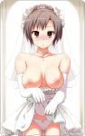 1girl areola bare_shoulders big_breasts blush bow bow_panties breasts breasts_out_of_clothes bridal_gauntlets bridal_veil brown_eyes brown_hair card_(medium) carrying clavicle closed_mouth copyright_name dress dress_pull elbow_gloves embarrassed frills gloves hair_ornament hair_up jewelry kagaribi_kaho looking_at_viewer necklace nipples official_art panties pillar skirt skirt_lift standing thighs underwear unmei_yohou_o_oshirase_shimasu veil wedding_dress white_background white_dress white_elbow_gloves white_gloves white_panties white_underwear yonaki_uguisu yuugiri yuugiri_(artist)