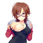  1girl bad_id bangs black_dress blush breasts breasts_outside brown_hair dress glasses jacket jewelry necklace nipple no_bra off_shoulder one_breast_out open_clothes open_jacket red_eyes short_hair 