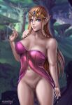  1girl 1girl absurd_res alluring babydoll bare_legs big_breasts brown_hair cleavage crown dress female_focus flowerxl high_res jewelry lingerie long_hair looking_at_viewer naked_from_the_waist_down nintendo princess_zelda purple_dress pussy stockings the_legend_of_zelda the_legend_of_zelda:_twilight_princess underwear video_game_character 