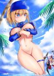 2girls bare_legs bb_(fate) belly belly_button big_breasts blonde_hair blue_sky blush breasts cap cloud cloudy_sky covering covering_breasts covering_crotch fate/extra fate/extra_ccc fate/grand_order fate_(series) hat long_hair looking_at_another mysterious_heroine_x no_bra no_panties nude ocean one_eye_closed ponytail purple_hair seagull shiny shiny_hair shiny_skin stomach tan_skin thick_thighs thighhighs thighs tree type-moon v wet wet_body white_gloves