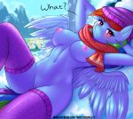  1girl 1girl 2018 absurd_res anthro areola blush breasts clothing dialogue digital_media_(artwork) english_text equine eyelashes feathered_wings feathers friendship_is_magic furry hair high_res legwear looking_at_viewer mammal my_little_pony navel nipples outside pegasus pussy rainbow_dash_(mlp) scarf text twistedscarlett60 wings 