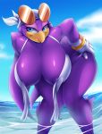  1girl 1girl 2018 anthro areola avian beak big_breasts bird blue_eyes breasts clothing cloud digital_media_(artwork) eyelashes eyewear furry gloves high_res hirundinid huge_breasts mleonheart non-mammal_breasts outside partially_submerged sega sky sonic_riders sunglasses swallow_(bird) thick_thighs voluptuous water wave_the_swallow wide_hips yellow_beak 