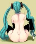 1girl aqua_hair ass back bad_id bad_pixiv_id bare_back black_legwear black_thighhighs detached_sleeves dimples_of_venus duplicate facing_away from_behind full_body long_hair masao miku_hatsune naked_sleeves nude potential_duplicate simple_background sitting stockings tied_hair twin_tails vocaloid