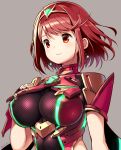 1girl bangs big_breasts breasts bust cleavage earrings hair hand_on_own_chest iinuma_toshinori large_breasts nintendo nipple_bulge pyra red_eyes red_hair short_hair smile xenoblade xenoblade_(series) xenoblade_chronicles_2
