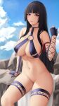 1girl alluring alternate_costume arm_support artist_signature bangs bare_shoulders big_breasts bikini black_hair blue_sky blunt_bangs blush breasts choker cleavage cloud curvaceous curvy curvy_figure dead_or_alive dead_or_alive_6 dead_or_alive_xtreme dead_or_alive_xtreme_2 dead_or_alive_xtreme_3 dead_or_alive_xtreme_3_fortune dead_or_alive_xtreme_beach_volleyball dead_or_alive_xtreme_venus_vacation double_v eye_contact eyebrows_visible_through_hair eyelashes female_only fingerless_gloves fishnets garter_straps gloves highleg highleg_bikini hourglass_figure long_hair looking_at_viewer midriff mole mole_under_mouth naked_from_the_waist_down navel nyotengu o-ring o-ring_top off_shoulder outside parted_lips pose posing purple_eyes pussy revealing_clothes sideboob sidelocks sitting sky solo_female stockings swimsuit tecmo thick thick_thighs thighs thin_waist under_boob v voluptuous vulva wide_eyed wide_hips zaphn zipper