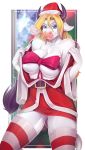  1girl 1girl anthro bovine breasts cattle christmas clothing furry hat holidays horn knight_dd legwear looking_at_viewer mammal santa_hat smile standing stockings thick_thighs 
