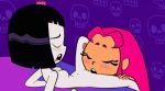  2girls animated animated_gif area_(artist) black_hair blush breasts dc dc_comics gif green_eyes pink_hair pussy pussylicking raven_(dc) skull small_breasts starfire teen_titans teen_titans_go yuri 
