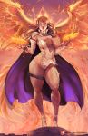  1girl 2018 belt big_breasts bird breasts cape cleavage cutesexyrobutts elf fire green_eyes high_heels hips jewelry long_hair necklace original 
