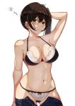  1_girl 1girl bra breasts female female_only kaga_(kantai_collection) kantai_collection looking_at_viewer mostly_nude panties solo standing unzipped white_background 