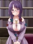 1girl bangs bare_shoulders big_breasts bookshelf bow braid breasts cleavage cleavage_cutout crescent_moon glasses holding_object jewelry kozue_akari library long_hair looking_at_viewer megane patchouli_knowledge purple_eyes purple_hair smile touhou twin_braids 