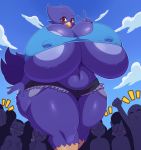  1girl 2018 5_fingers absurd_res anthro ass avian beak being_watched belly big_ass big_breasts big_thighs bird blush breasts busty_bird clothed clothing cloud corvid crow crowd deep_navel digital_media_(artwork) feathers furry group high_res huge_breasts hyper hyper_breasts looking_at_viewer navel nipple_bulge non-mammal_breasts outside public red_eyes shorts sky slightly_chubby sssonic2 tail_feathers thick_thighs v voluptuous wide_hips 