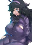  1girl big_breasts black_hair blue_eyes breasts dress hair_over_one_eye hand_on_thigh headband hex_maniac huge_breasts long_hair looking_at_viewer messy_hair open_mouth pokemon purple_dress simple_background very_long_hair 
