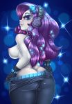  1girl ass blue_eyes dankflank equestria_girls eyeshadow female female_only friendship_is_magic gloves headphones long_hair looking_at_viewer my_little_pony no_bra pants partially_clothed pulling_pants_down rarity rarity_(mlp) sideboob solo standing topless 