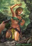  1girl 1girl abs amazon armpits bare_shoulders barefoot big_breasts blonde_hair breasts cleavage dark_skin judash137 jungle legs lips long_hair looking_at_viewer muscle nature navel revealing_clothes shiny shiny_skin tattoo thighs toned weapon 
