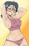  1girl abs areola armpits arms_behind_head blush disney_channel ecchipoo female_focus female_only fishnet_panties fishnet_topwear glasses green_eyes nipples nipples_visible_through_clothing sweat sweatdrop sweating the_owl_house willow_park 
