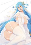  1girl 1girl aqua_(fire_emblem_if) azura_(fire_emblem) bangs big_breasts breasts cleavage commentary_request eyebrows_visible_through_hair fire_emblem fire_emblem_if fuckable hair_between_eyes high_res hot insanely_hot lingerie long_hair looking_at_viewer navel nintendo open_mouth sexy shiny simple_background smile stormcow thighs underwear 