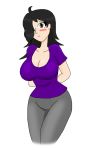  1girl big_breasts black_hair blush breasts cleavage frown grey_eyes hair_over_one_eye hands_behind_back large_breasts long_hair looking_at_viewer original pants shirt simple_background smilesaidboredgirl thick_thighs thighs wide_hips 