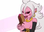1girl big_breasts bracelet breasts dragon_ball dragon_ball_fighterz ear_piercing food gif hair jelly jewelry licking loop majin_android_21 melieconiek pastry piercing pink_eyes pink_skin pointy_ears simple_background tongue white_hair